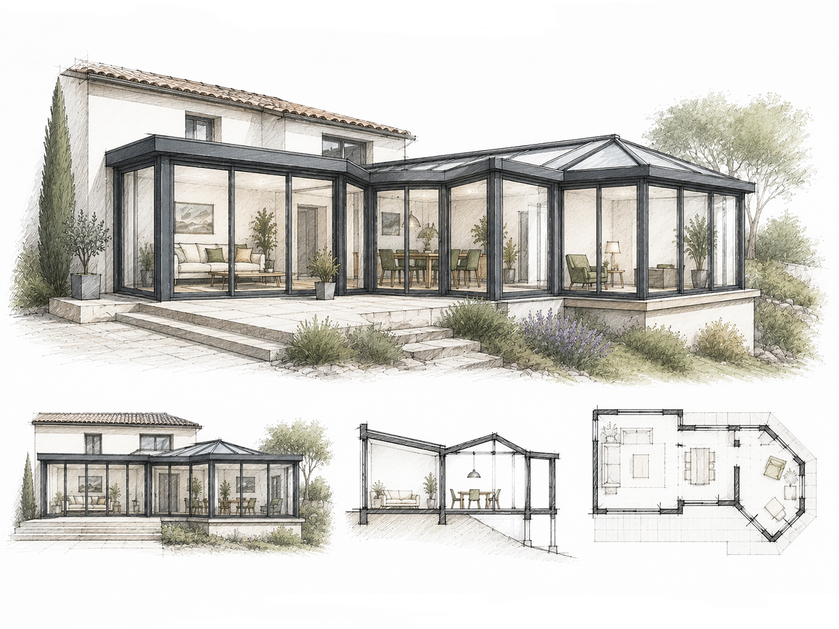 Véranda aluminium composée sur mesure adaptée à une architecture complexe