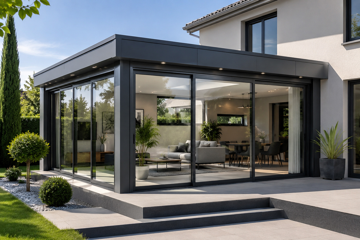 Véranda aluminium contemporaine à toit plat réalisée à Bordeaux