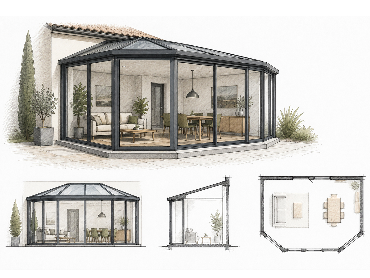 Véranda aluminium à pans coupés offrant une vue panoramique sur le jardin
