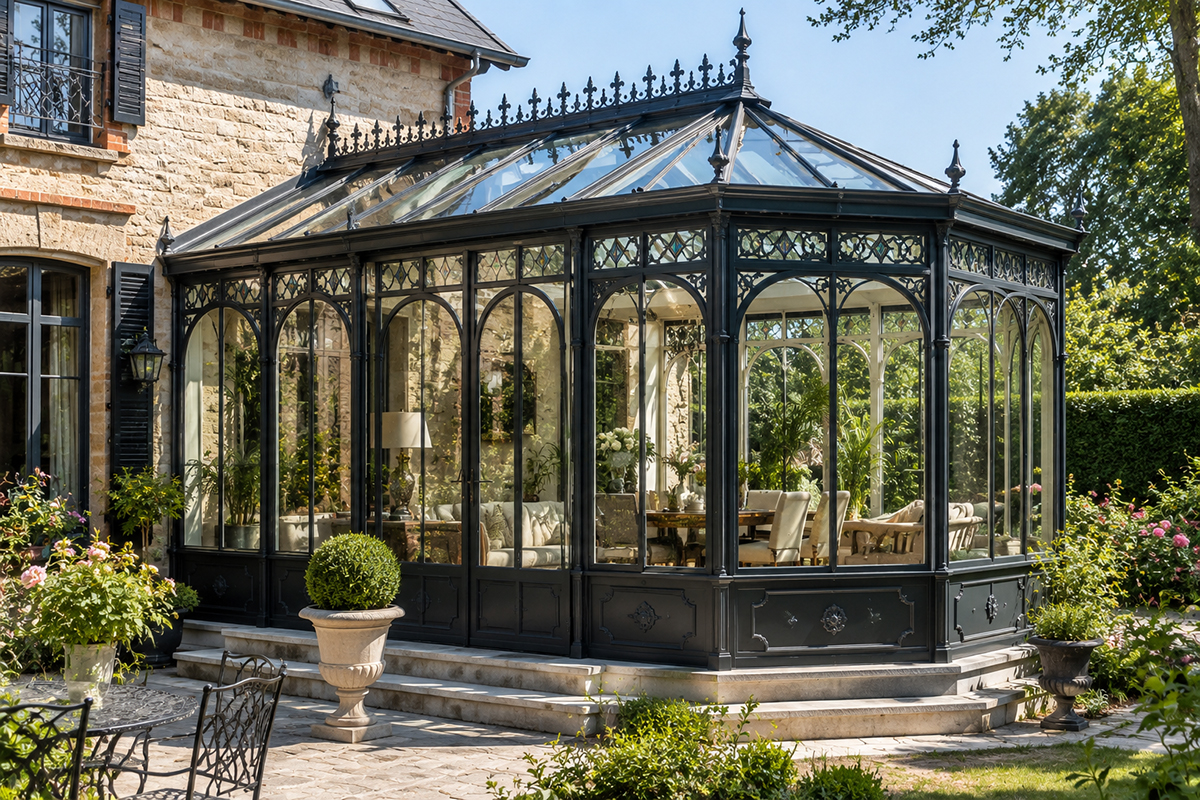 Véranda victorienne aluminium de style classique avec toiture vitrée